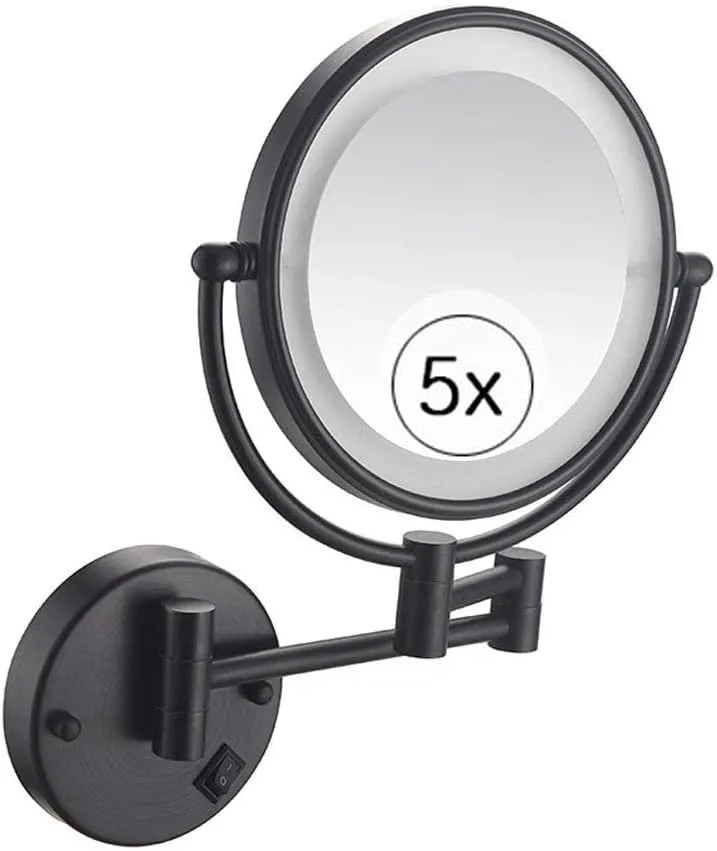 LED Lighted Wall Mount Makeup Mirror Double Sided with 5X Magnification, 360° Swivel Vanity Mirror Bathroom Cosmetic Extension Mirror 8 Inch Black (Size : Plug5x)
