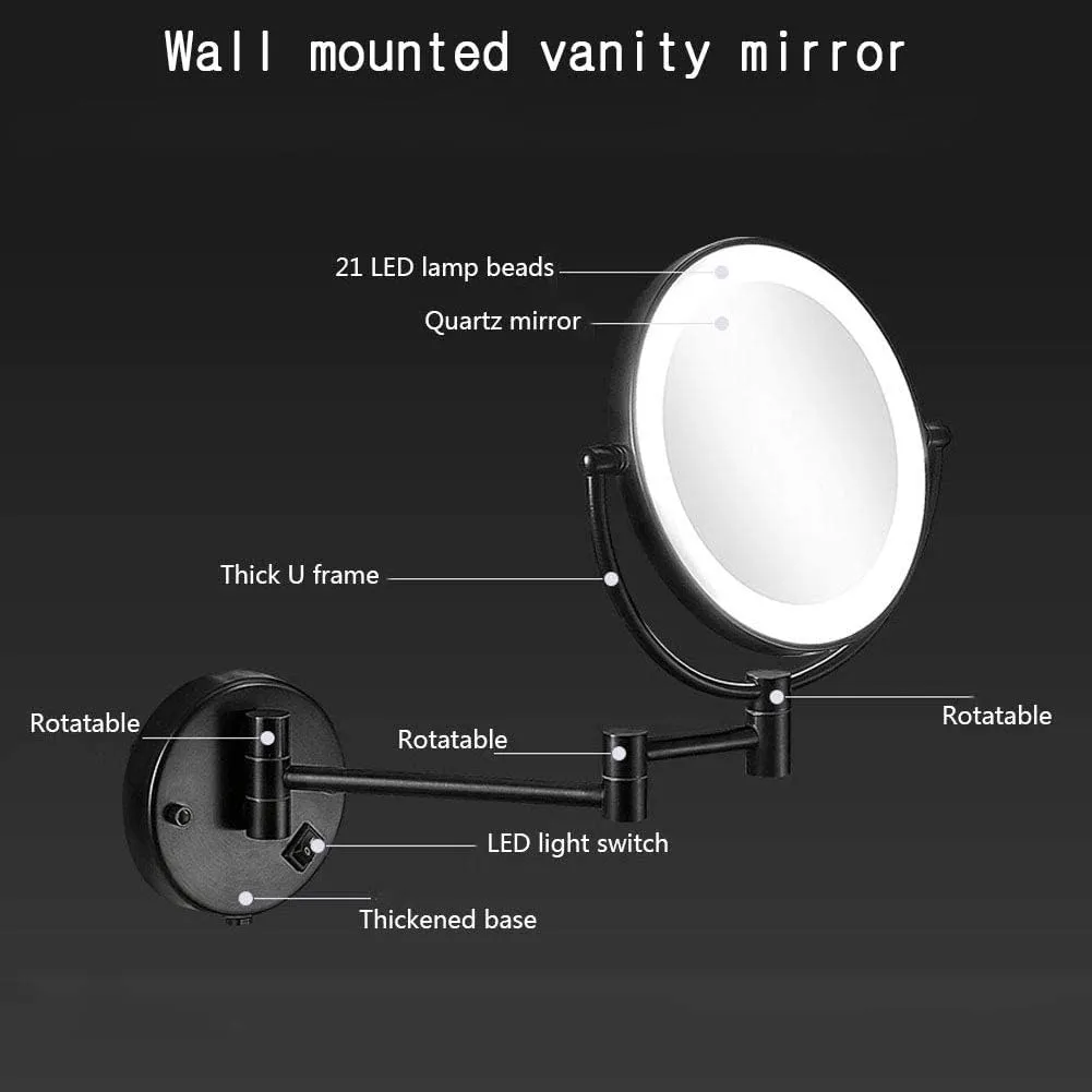 LED Lighted Wall Mount Makeup Mirror Double Sided with 5X Magnification, 360° Swivel Vanity Mirror Bathroom Cosmetic Extension Mirror 8 Inch Black (Size : Plug5x)
