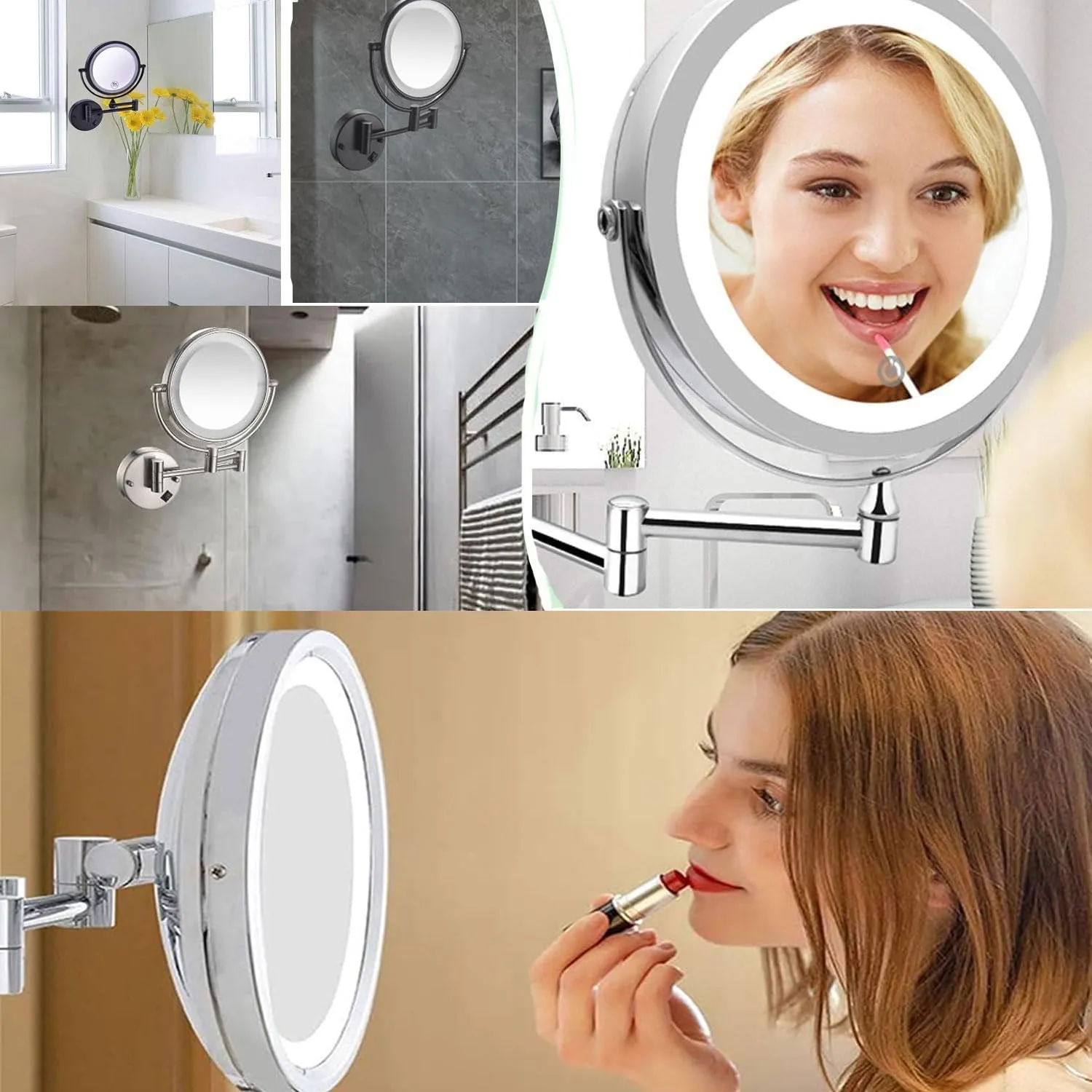 LED Makeup Mirror with Lights and 10x Magnification，Wall Mounted Round Double-Sided Vanity Magnifying with 360° Swivel Extendable ArmSilver,Hardwired