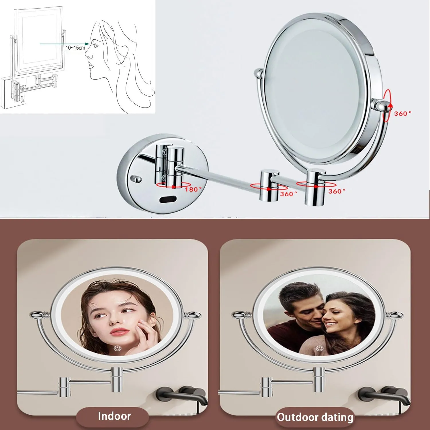 LED Makeup Mirror with Lights and 10x Magnification，Wall Mounted Round Double-Sided Vanity Magnifying with 360° Swivel Extendable ArmSilver,Hardwired