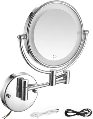 LED Makeup Mirror with Lights and 10x Magnification，Wall Mounted Round Double-Sided Vanity Magnifying with 360° Swivel Extendable ArmSilver,Hardwired