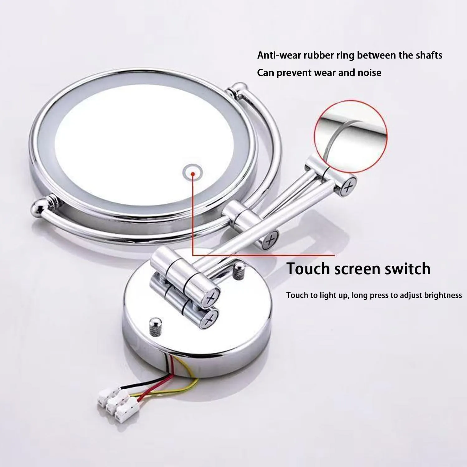 LED Makeup Mirror with Lights and 10x Magnification，Wall Mounted Round Double-Sided Vanity Magnifying with 360° Swivel Extendable ArmSilver,Hardwired