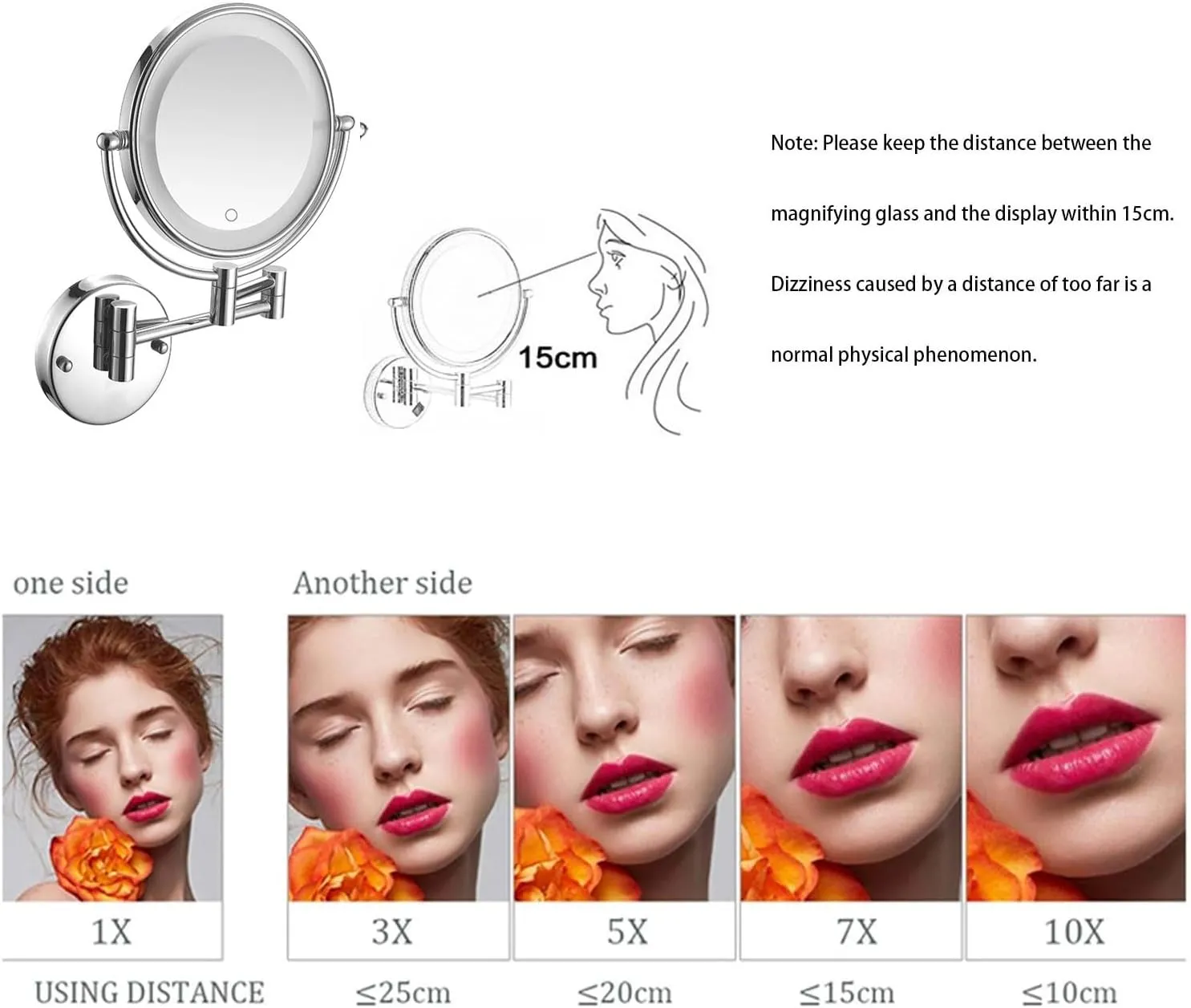 LED Makeup Mirror with Lights and 10x Magnification，Wall Mounted Round Double-Sided Vanity Magnifying with 360° Swivel Extendable ArmSilver,Hardwired