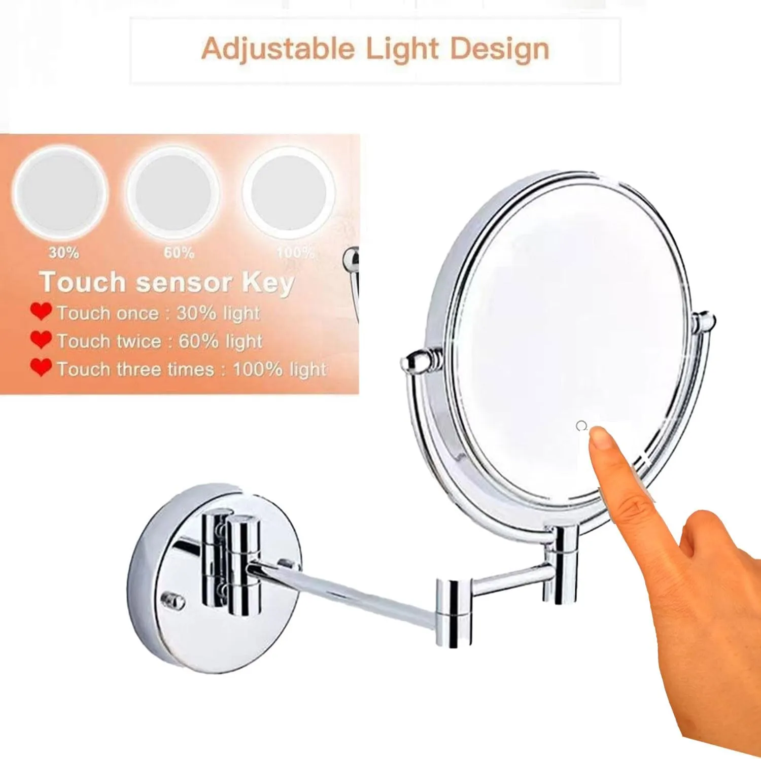 LED Makeup Mirror with Lights and 10x Magnification，Wall Mounted Round Double-Sided Vanity Magnifying with 360° Swivel Extendable ArmSilver,Hardwired