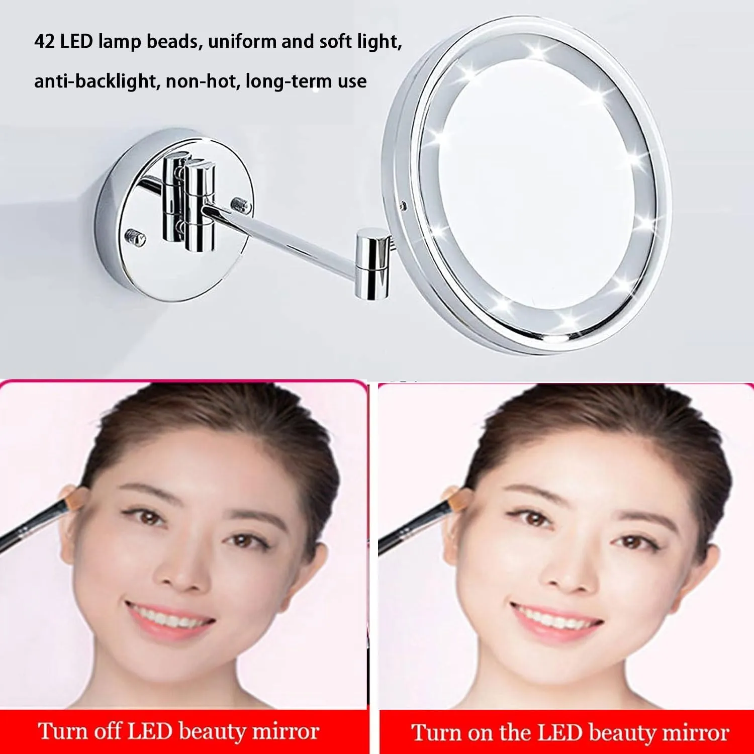 LED Makeup Mirror with Lights and 10x Magnification，Wall Mounted Round Double-Sided Vanity Magnifying with 360° Swivel Extendable ArmSilver,Hardwired