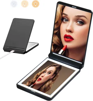 Light Up Travel Mirror Magnifying Mirror with Light Foldable 2-Sided Light Up Travel Mirror USB Rechargeable 1X and 2X Compact Makeup LED Mirror Gifts for Girls Black