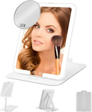 Lighted Travel Mirror Tall with Removable 10X Mirror,Rechargeable Light Mirror Portable with Angle and Height Adjusting Stand,Adjustable Make up Mirror with 3 Light Colors & Stepless Dimming