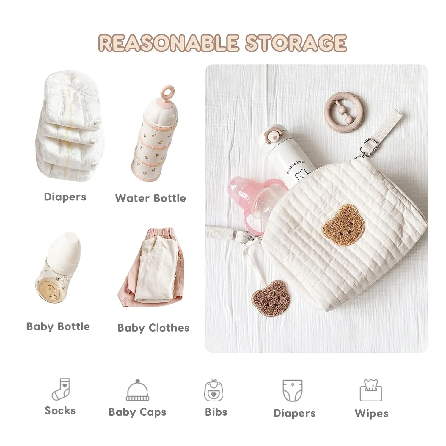 Lightweight Pram Buggy Bag Organiser,Multifunctional Stylish Embroidery Baby Stroller Bag Organizer Pushchair Storage Bag Mommy Bag,Universal Fit All Buggy(Bear, 2 Straps)