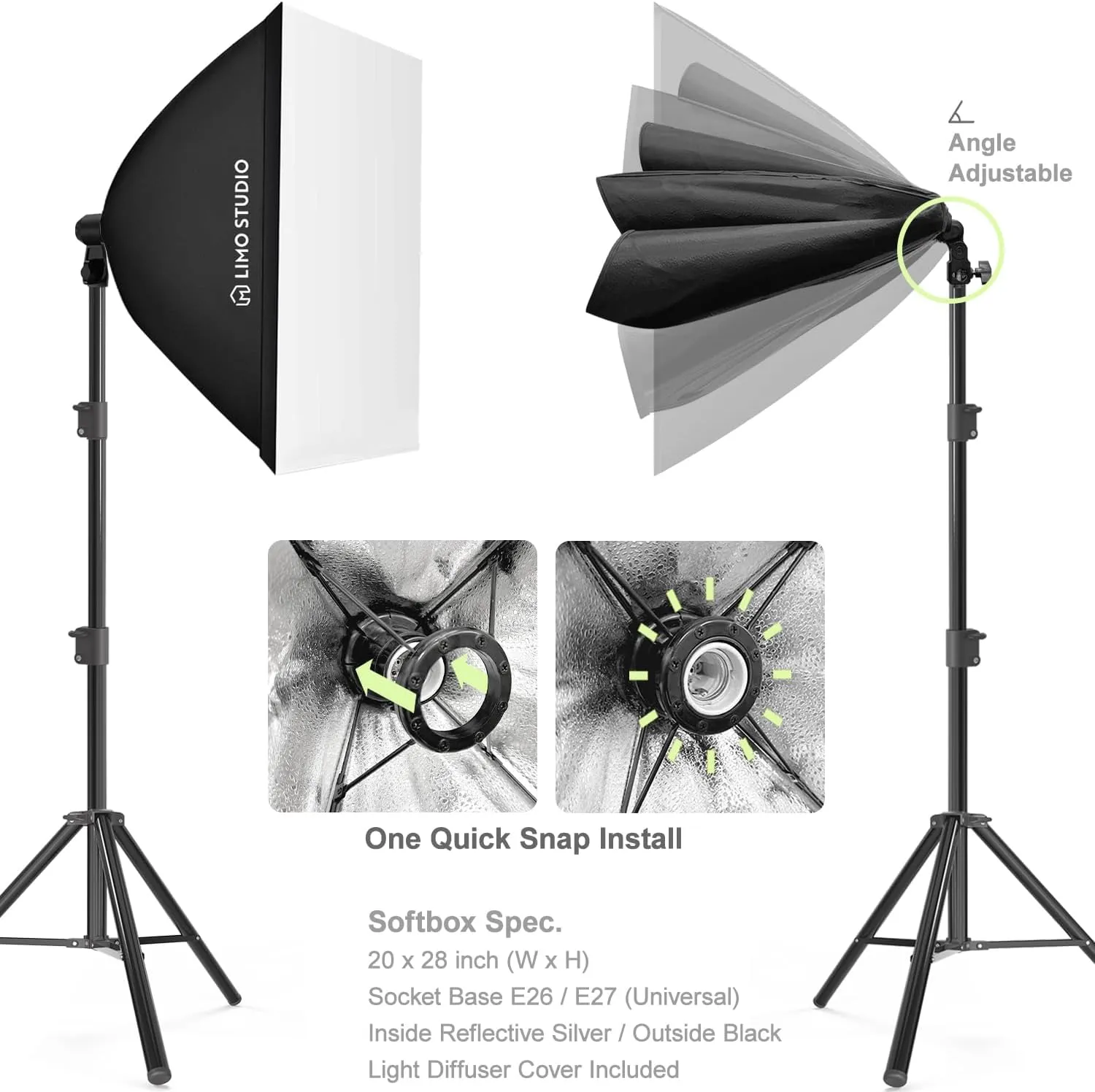 LimoStudio (LED Super Bright) 1800W Output 20 x 28 inch Softbox Continuous Lighting Kit, 5500K-6500K Neutral Day Light Color Temperature, 7600 Lumen, CRI>95, Soft Box Diffuser, 3-Leaf Bulb, AGG3427