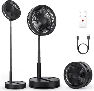 LIPETY Portable Oscillating Travel Fan with Remote - 7200mAh Rechargeable Battery Folding Standing Pedestal Fan Foldable Stand Up Tall Floor Sleeping Bed Fans for Home Bedroom (9 inch Black)