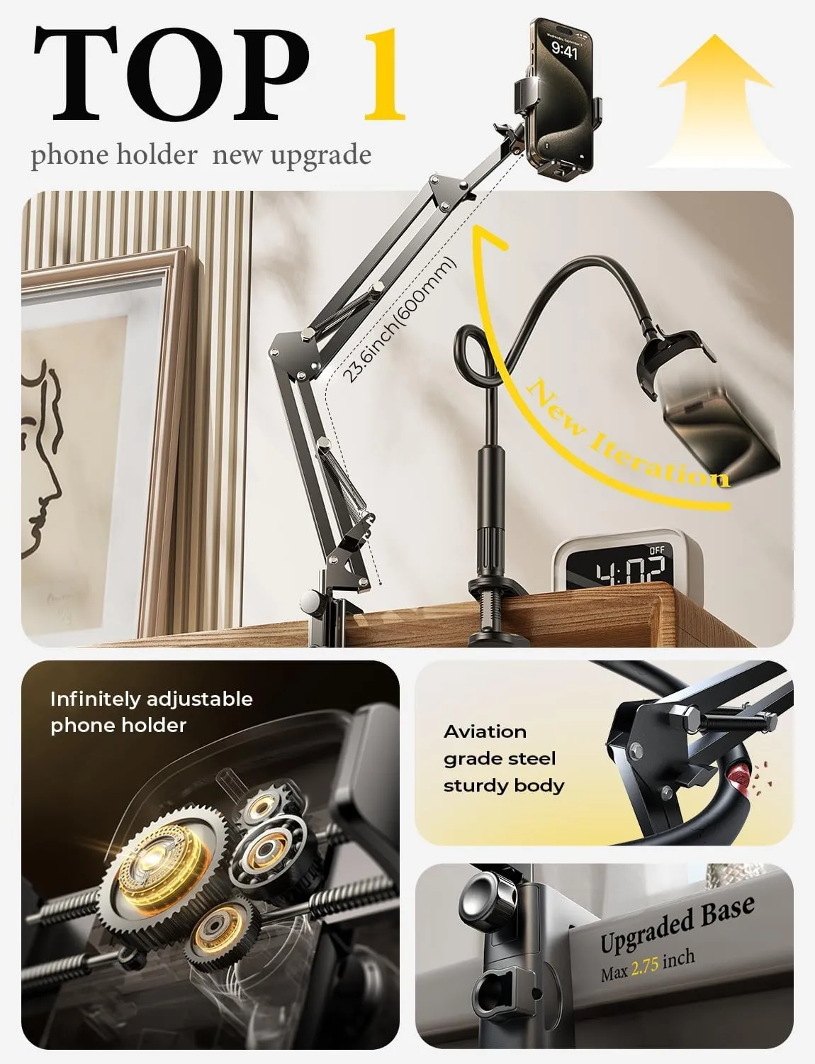 LISEN Phone Holder for Bed Desk [3rd Upgrade] Cell Phone Stand for Desk,Recording iPhone Mount for Gooseneck iPhone Holder for Filming Camera Laying Down,Bed Accessories Flexible Arm Clamp Clip Stand