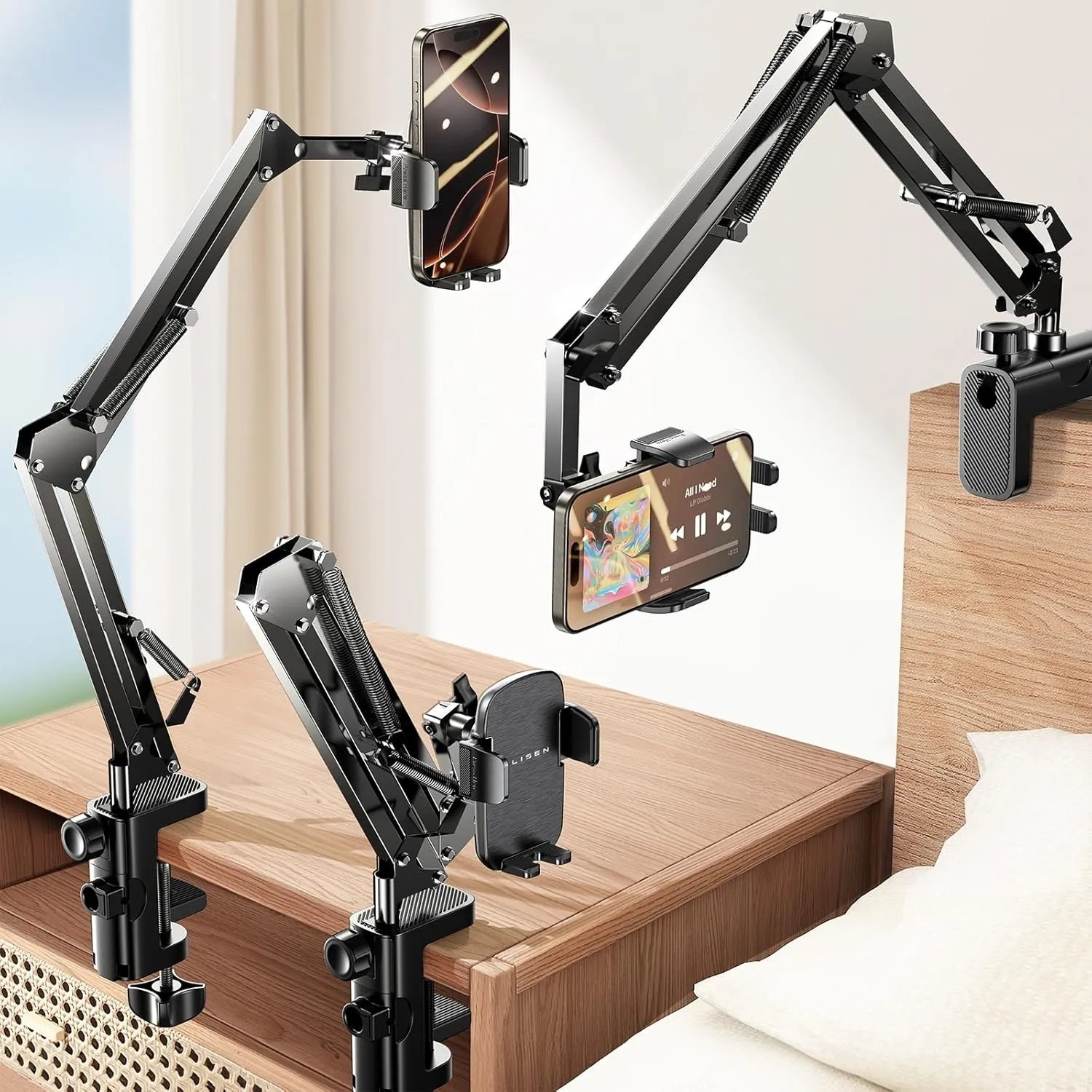 LISEN Phone Holder for Bed Desk [3rd Upgrade] Cell Phone Stand for Desk,Recording iPhone Mount for Gooseneck iPhone Holder for Filming Camera Laying Down,Bed Accessories Flexible Arm Clamp Clip Stand