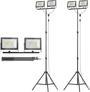 LIVOWALNY 22000 lm LED Work Light with Stand Pack of 2, 220W 2 Adjustable Head Tower Light with 13FT Cord, Portable IP65Waterproof Tripod Flood Light for Job Site Workshop Garage Construction Lighting