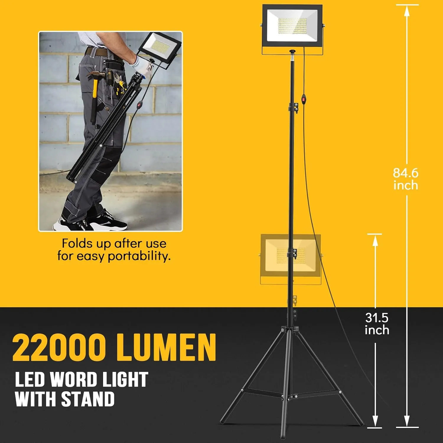 LIVOWALNY 2Pcs Led Work Light with Stand, 100W 11000 Lumen Portable Tripod Work Light, IP65 Waterproof Outdoor Work Lights with Stand for Camping - Adjustable Lamp Head