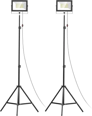 LIVOWALNY 2Pcs Led Work Light with Stand, 100W 11000 Lumen Portable Tripod Work Light, IP65 Waterproof Outdoor Work Lights with Stand for Camping - Adjustable Lamp Head