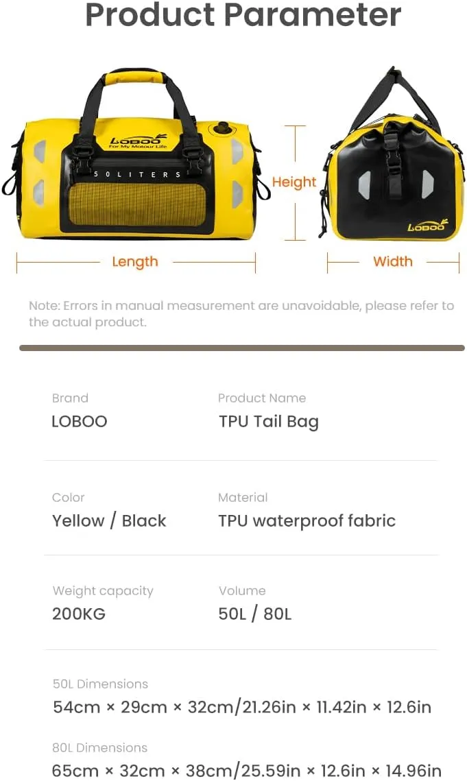 Loboo Motorcycle Travel Luggage Bag, 50L, Yellow, 53cm x 20cm x 30cm