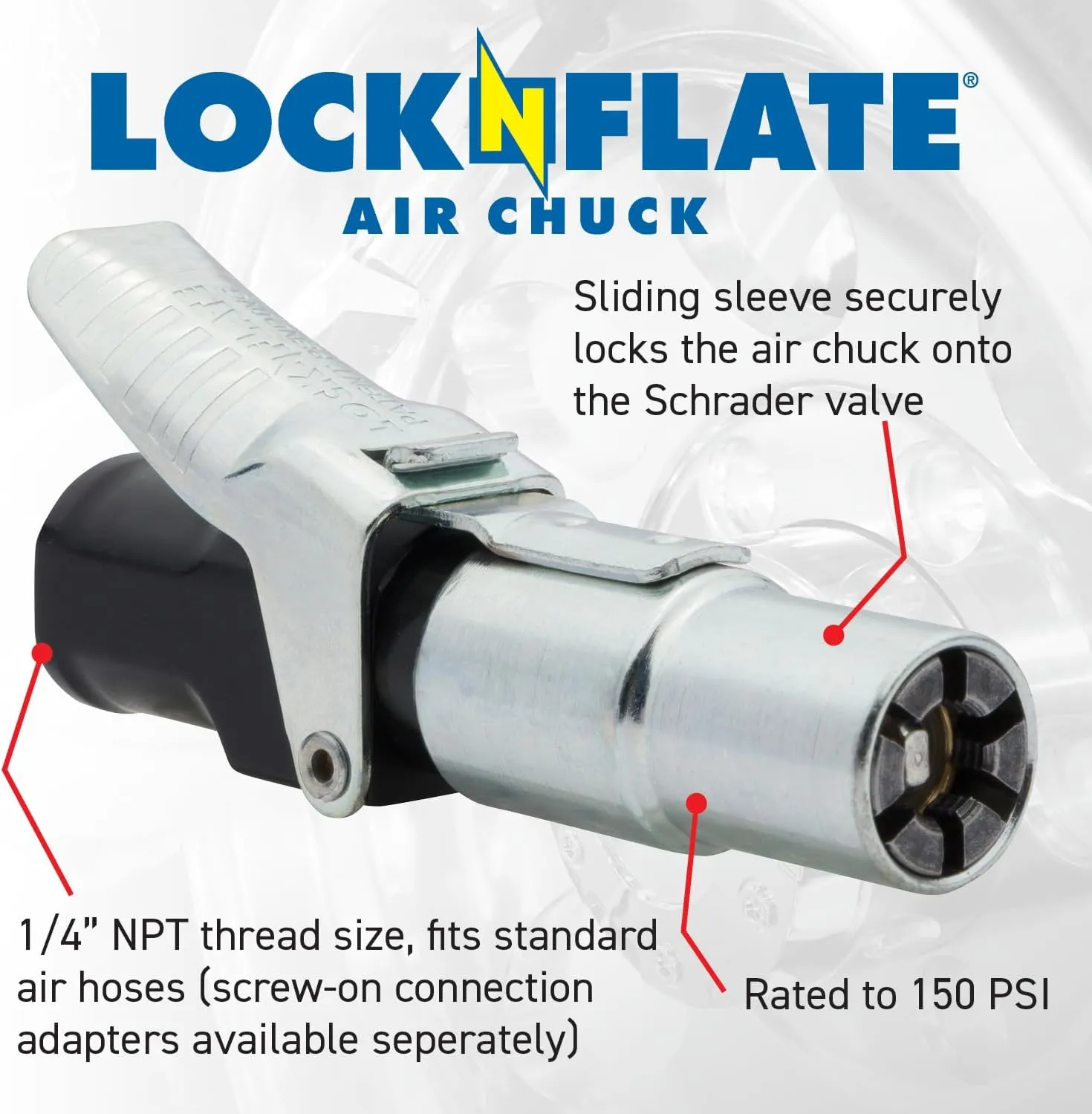 Locking Air Chuck - Six Steel Jaws Lock onto Any tire Valve - Won't Leak or pop Off - Rated to 150 PSI - Closed Flow