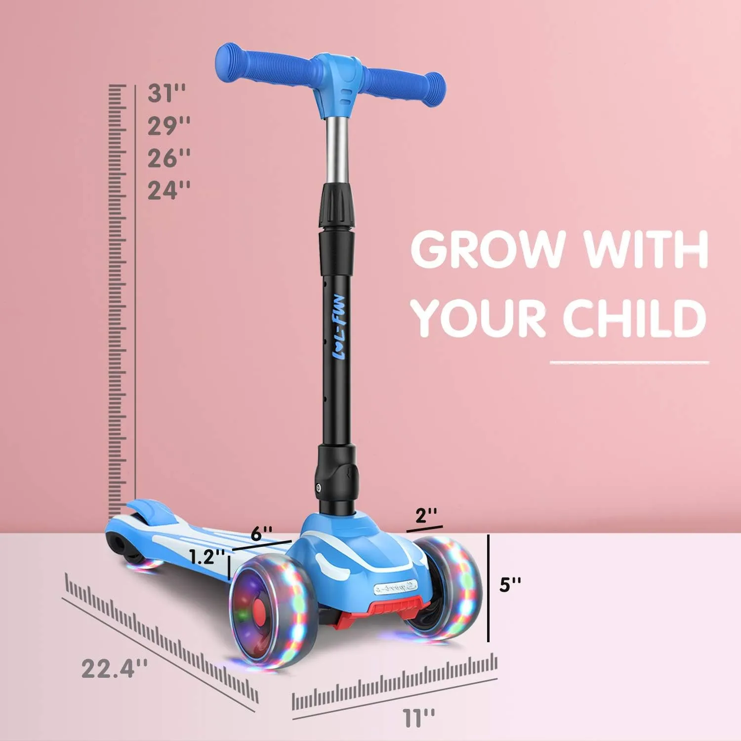 LOL-FUN Toddler Scooter for Kids Ages 3-12 Years Old Boy Girl with 3 Wheel LED Lights, Extra-Wide Childrens Foldable Kick Scooter Kids Ages 3-5 with 4 Adjustable Height and Lean-to-Steer