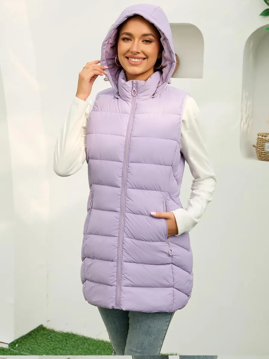 Long Puffer Vest for Women with Hood Lightweight Packable Sleeveless Down Vest for Spring, Fall & Winter
