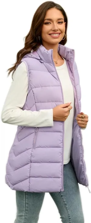 Long Puffer Vest for Women with Hood Lightweight Packable Sleeveless Down Vest for Spring, Fall & Winter