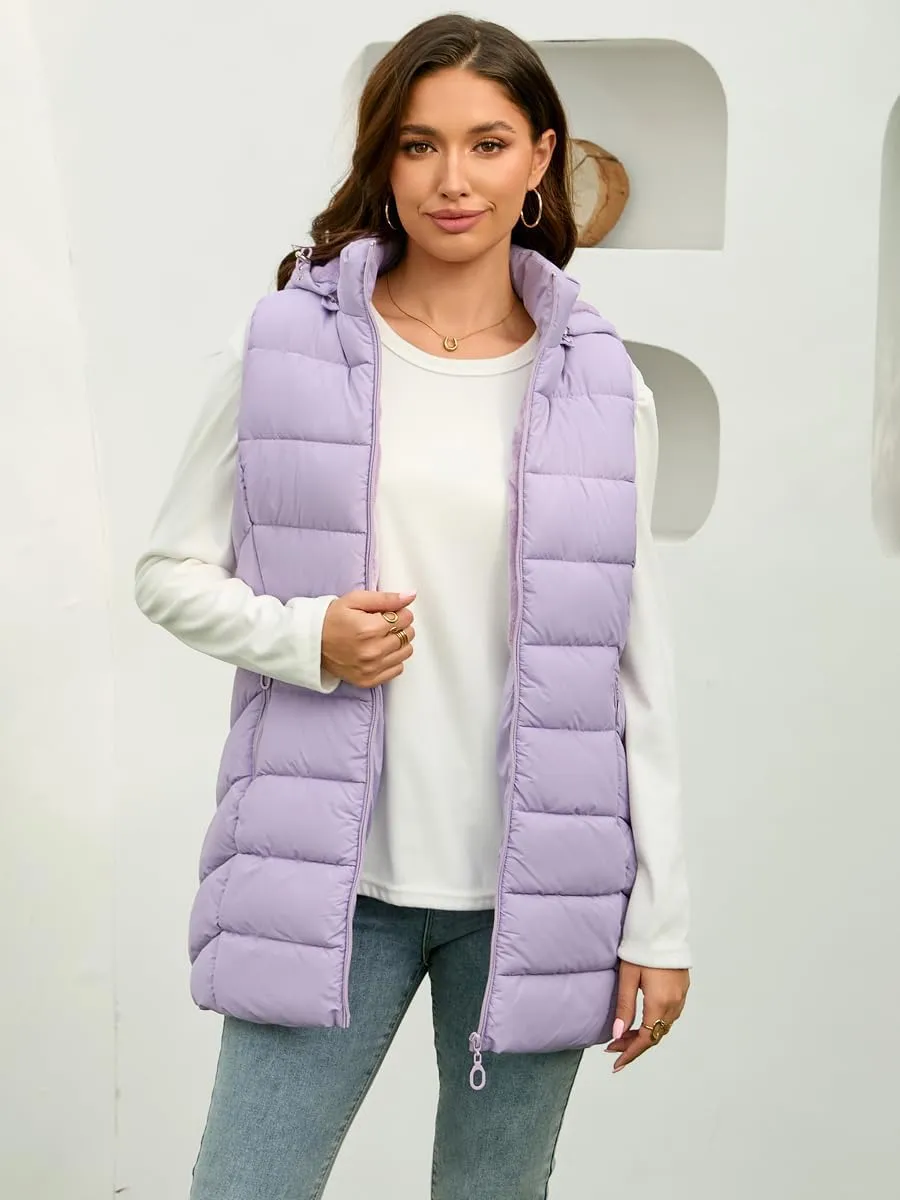Long Puffer Vest for Women with Hood Lightweight Packable Sleeveless Down Vest for Spring, Fall & Winter
