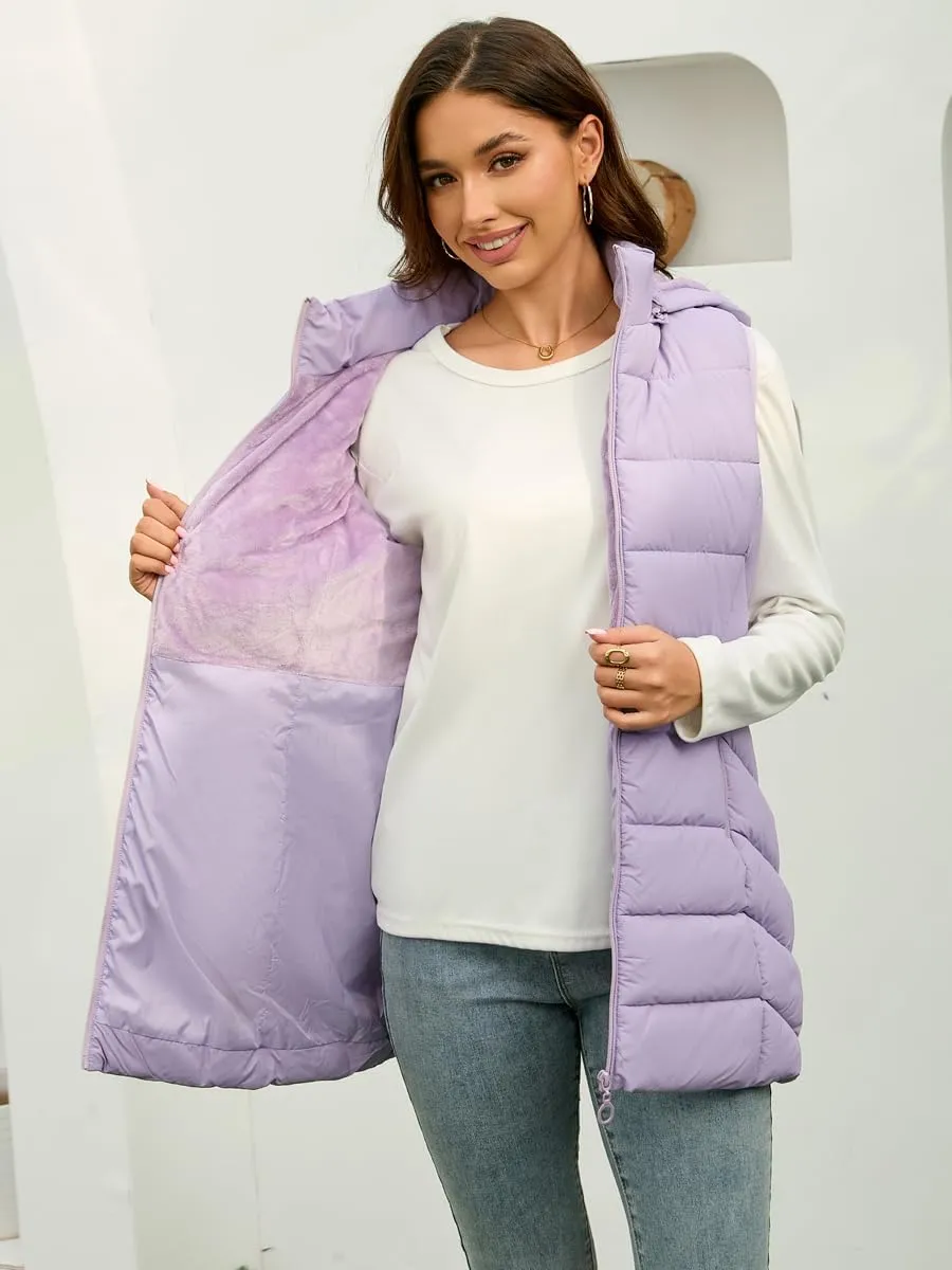 Long Puffer Vest for Women with Hood Lightweight Packable Sleeveless Down Vest for Spring, Fall & Winter