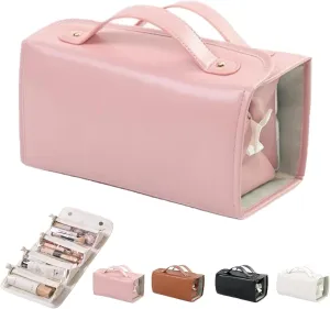 LONGLUAN Binozinco Cosmetic Bag, Leather Waterproof Cosmetic Bag, Detachable 4 in 1 Travel Toiletry Bag with Handles for Women - Large Capacity, Roll Up, Hanging (Pink)