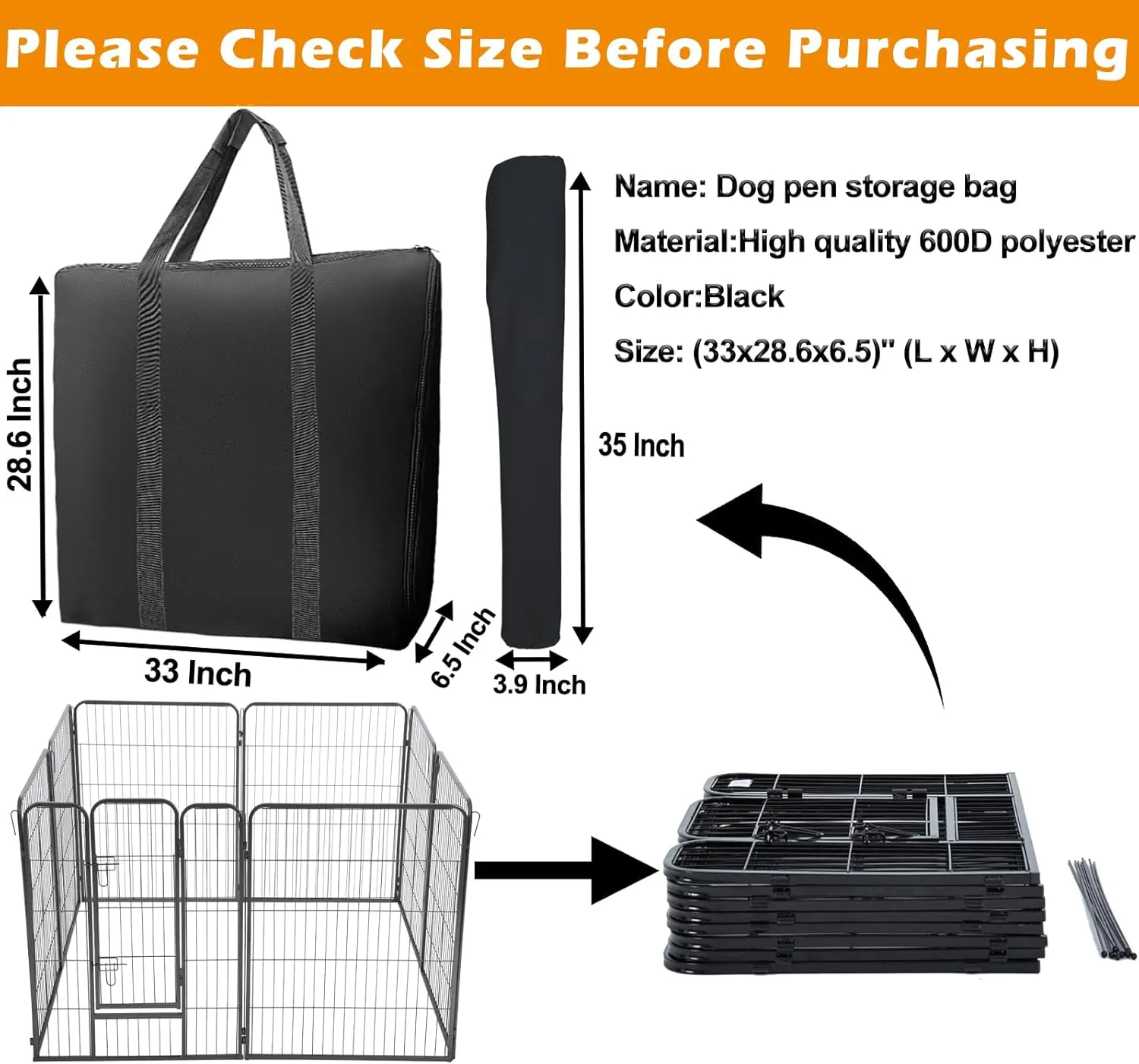 LWFCOEE Dog Playpen Storage Bag, 24/32/40 Inch Waterproof Heavy Duty Dog Fence Travel Bag with Handle for RV Trip, Fits 8 Panels Dog Pen and 9 Stakes, 33"x28.6"x6.5"