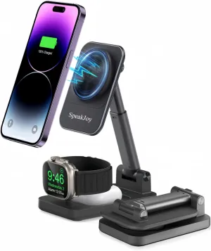 Magnetic Phone Charger Stand, 3 in 1 Wireless Charging Station for Multiple Devices Apple, Foldable Magsafe Charger Travel Dock for iPhone16/ iPhone15/Samsung/Google, Apple Watch, Airpods