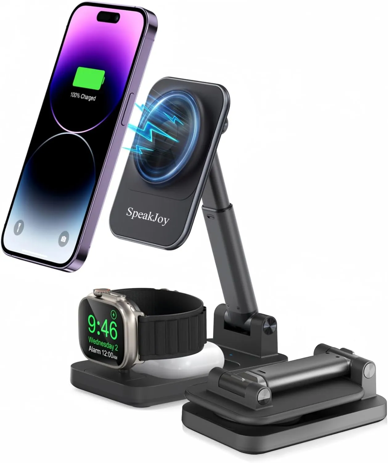 Magnetic Phone Charger Stand, 3 in 1 Wireless Charging Station for Multiple Devices Apple, Foldable Magsafe Charger Travel Dock for iPhone16/ iPhone15/Samsung/Google, Apple Watch, Airpods