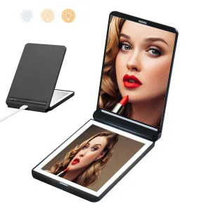 Magnifying Mirror with Light Foldable Compact Mirror 2-Sided Light Up Travel Mirror USB Rechargeable 1X and 2X Portable Mirror Makeup LED Mirror Gifts for Girls Black