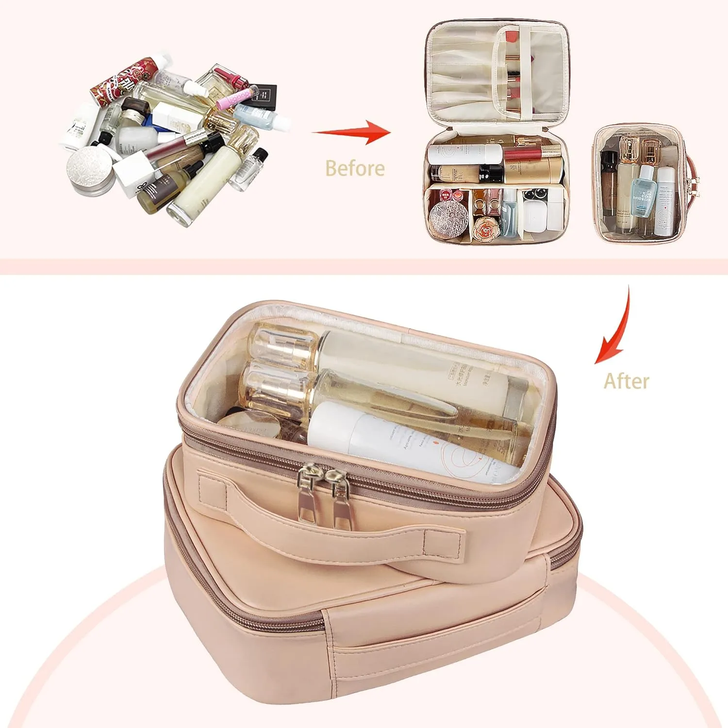 Makeup Bag, 2 PCS PU Leather Cosmetic Bags, Portable Travel Makeup Case, Large Makeup Organizer with Clear Makeup Bag for Women (Khaki)