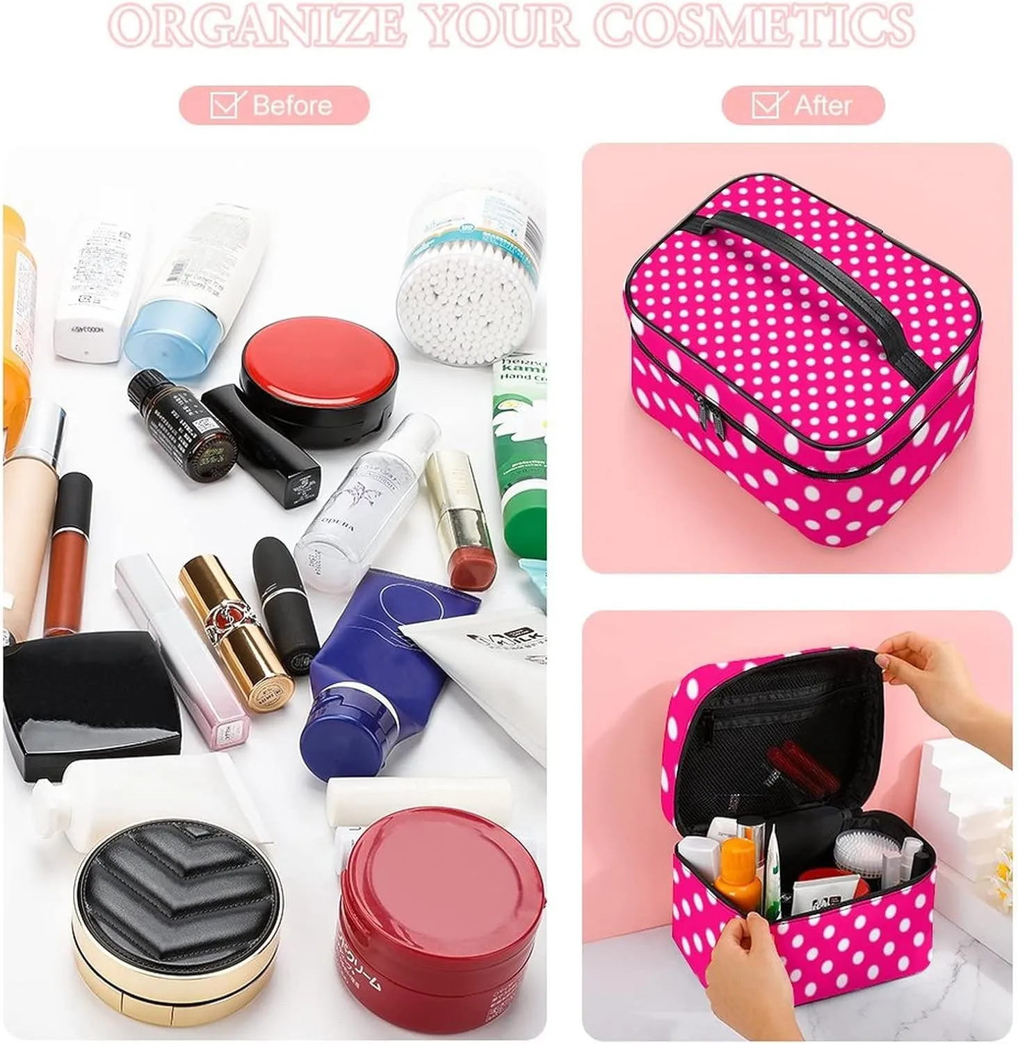 Makeup Bag, Polka Dots In Bright Pink Travel Cosmetic Bag Makeup Organizer Case Large Capacity Portable Zipper Toiletry Bag Travel Organizer Accessories