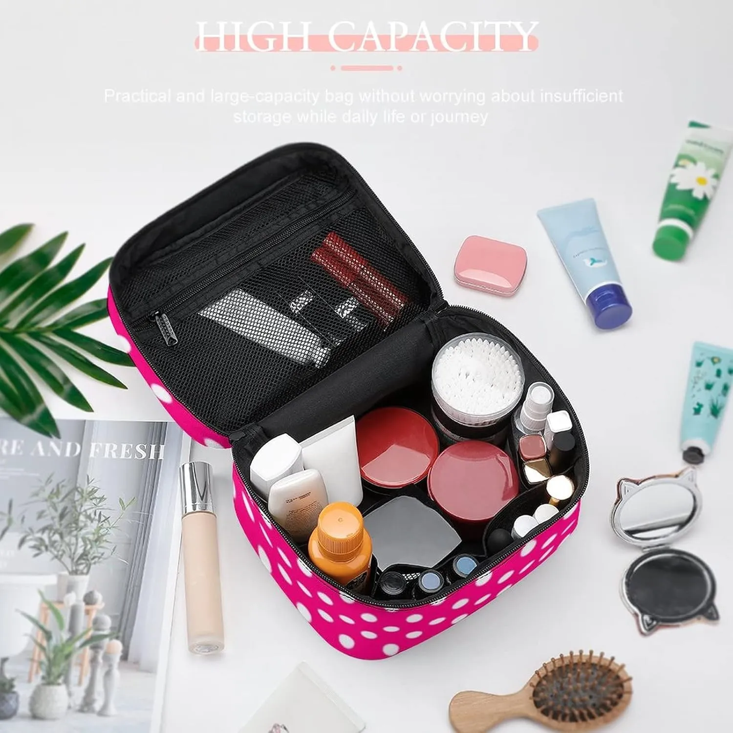 Makeup Bag, Polka Dots In Bright Pink Travel Cosmetic Bag Makeup Organizer Case Large Capacity Portable Zipper Toiletry Bag Travel Organizer Accessories