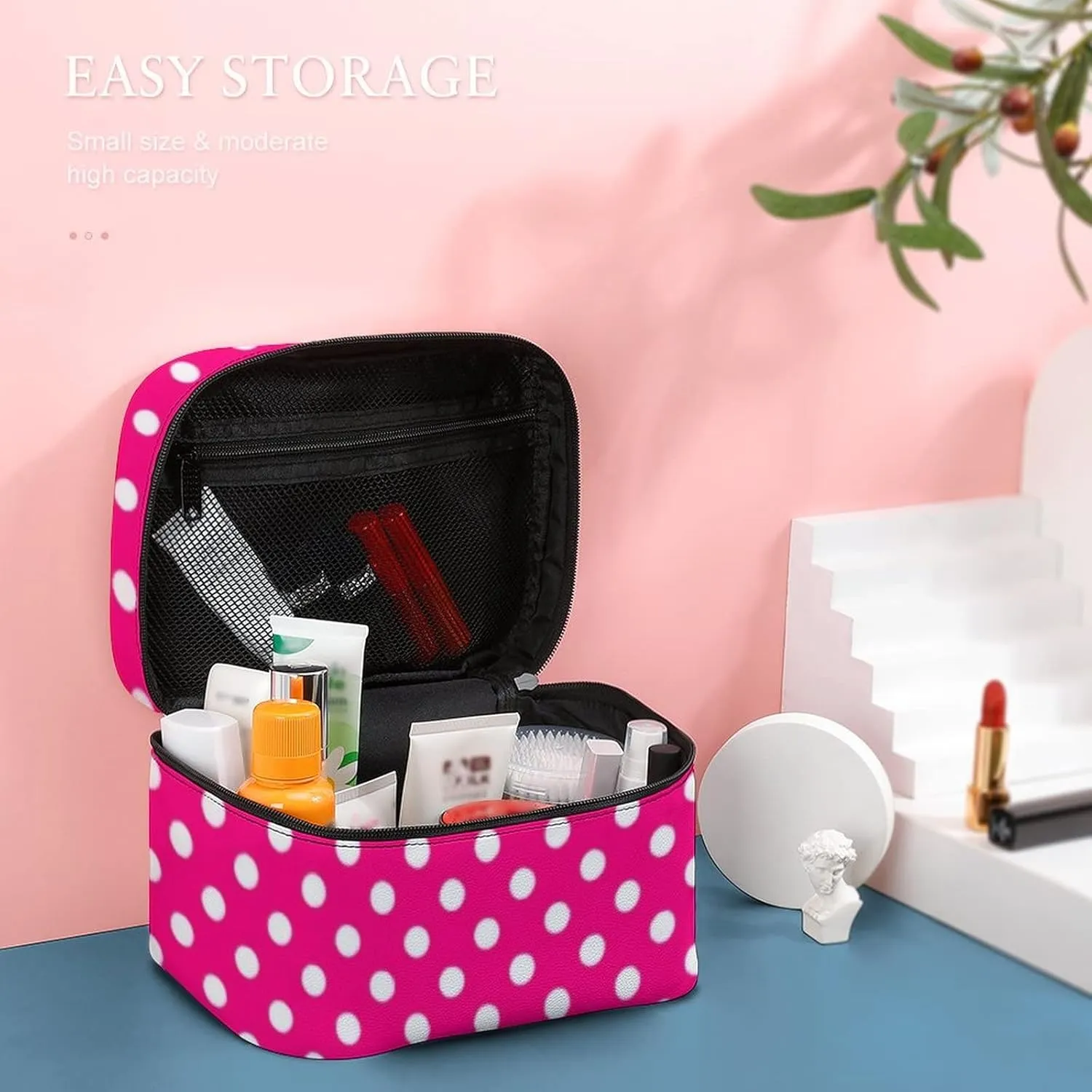 Makeup Bag, Polka Dots In Bright Pink Travel Cosmetic Bag Makeup Organizer Case Large Capacity Portable Zipper Toiletry Bag Travel Organizer Accessories