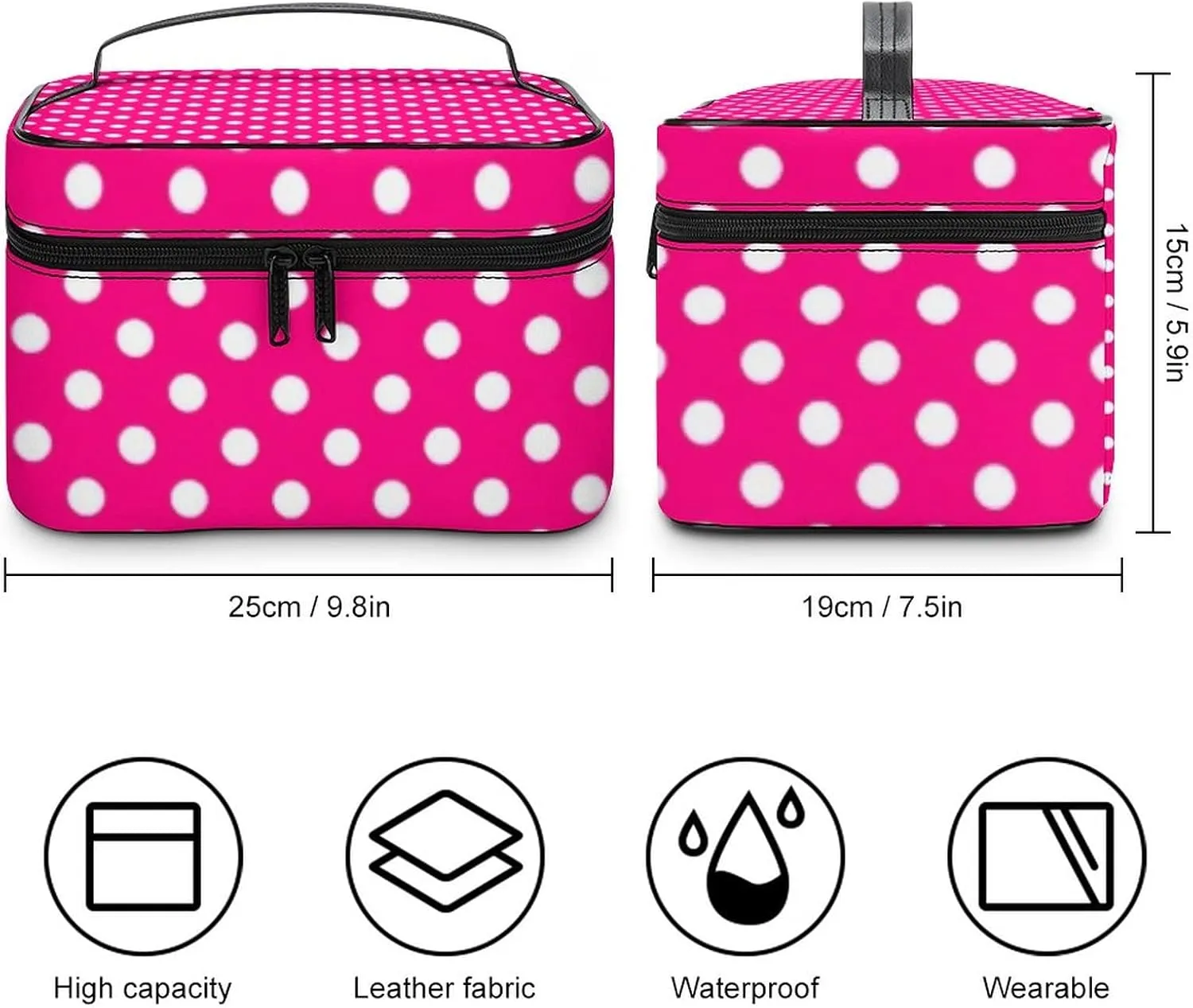 Makeup Bag, Polka Dots In Bright Pink Travel Cosmetic Bag Makeup Organizer Case Large Capacity Portable Zipper Toiletry Bag Travel Organizer Accessories