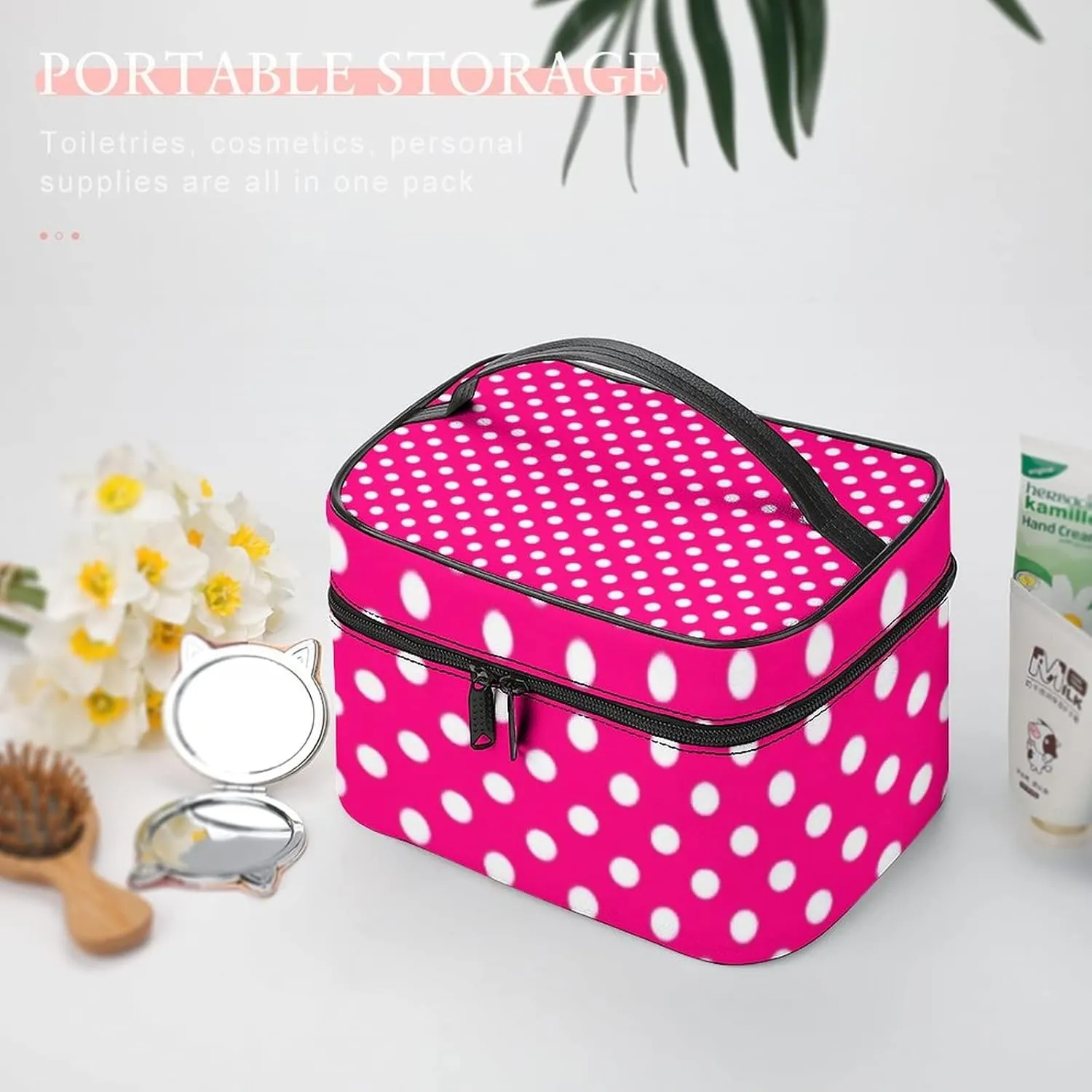 Makeup Bag, Polka Dots In Bright Pink Travel Cosmetic Bag Makeup Organizer Case Large Capacity Portable Zipper Toiletry Bag Travel Organizer Accessories