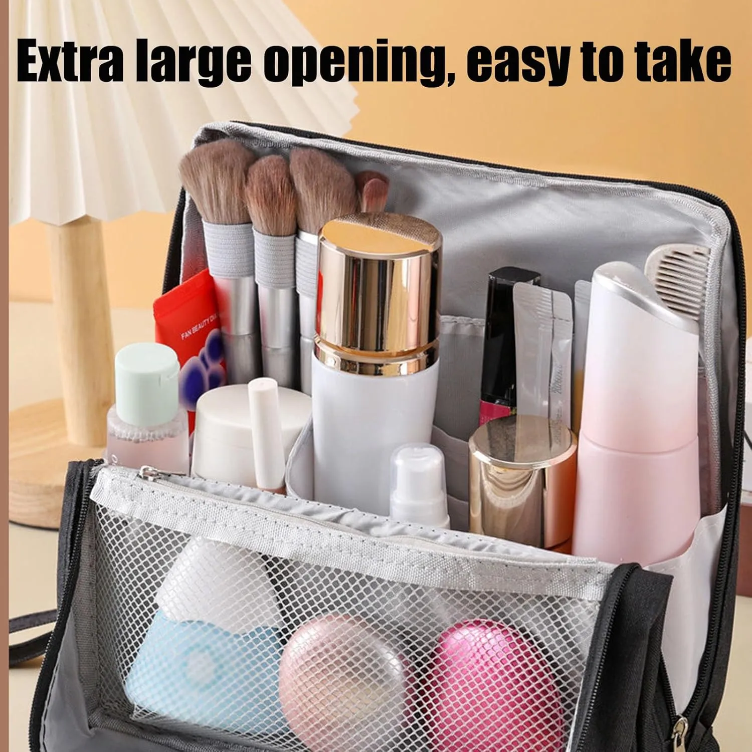 Makeup Bag, Standing Makeup Bag – Portable, Large Capacity Waterproof Makeup Organizer with Compartments Travel Home Use (Blue)