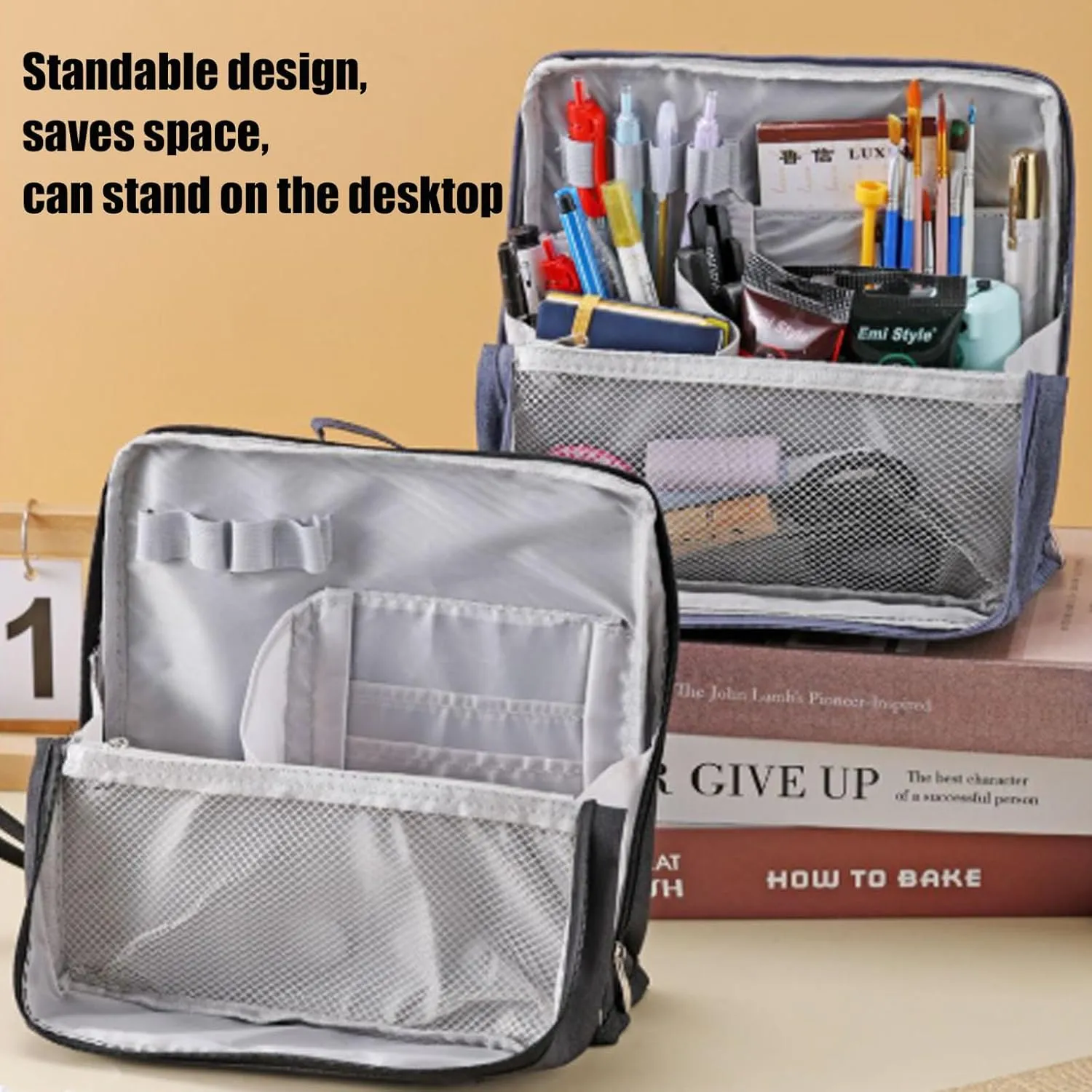 Makeup Bag, Standing Makeup Bag – Portable, Large Capacity Waterproof Makeup Organizer with Compartments Travel Home Use (Blue)