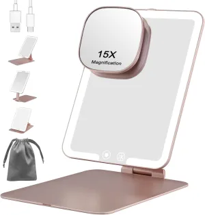 Makeup Mirror with Light, 3 Colors Dimmable Foldable Cosmetic Mirror with 15X Mini Magnifying Mirror, Ultra Slim Portable Travel Mirror, Makeup Mirror with Light, Rose Gold