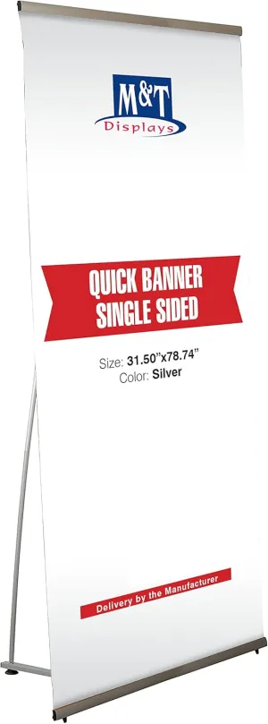 M&T Displays 31.50x78.74 inch L Shaped Floor Standing Quick Banner Stand with Carrying Bag for Convention Conference Trade Show Office Silver Anodized Aluminum Portrait Indoor