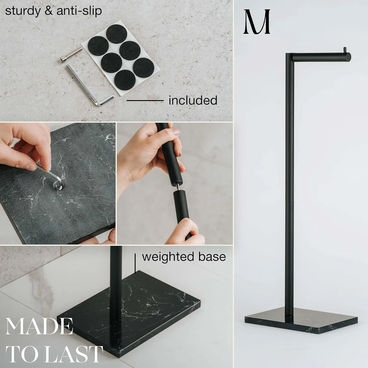 MARMOLUX ACC Free Standing Matte Black Toilet Paper Holder Stand Black Marble Base and Storage - 4 Jumbo Roll Bathroom Hardware Toilet Paper Stand - Stainless Steel Standing Toilet Paper Holder