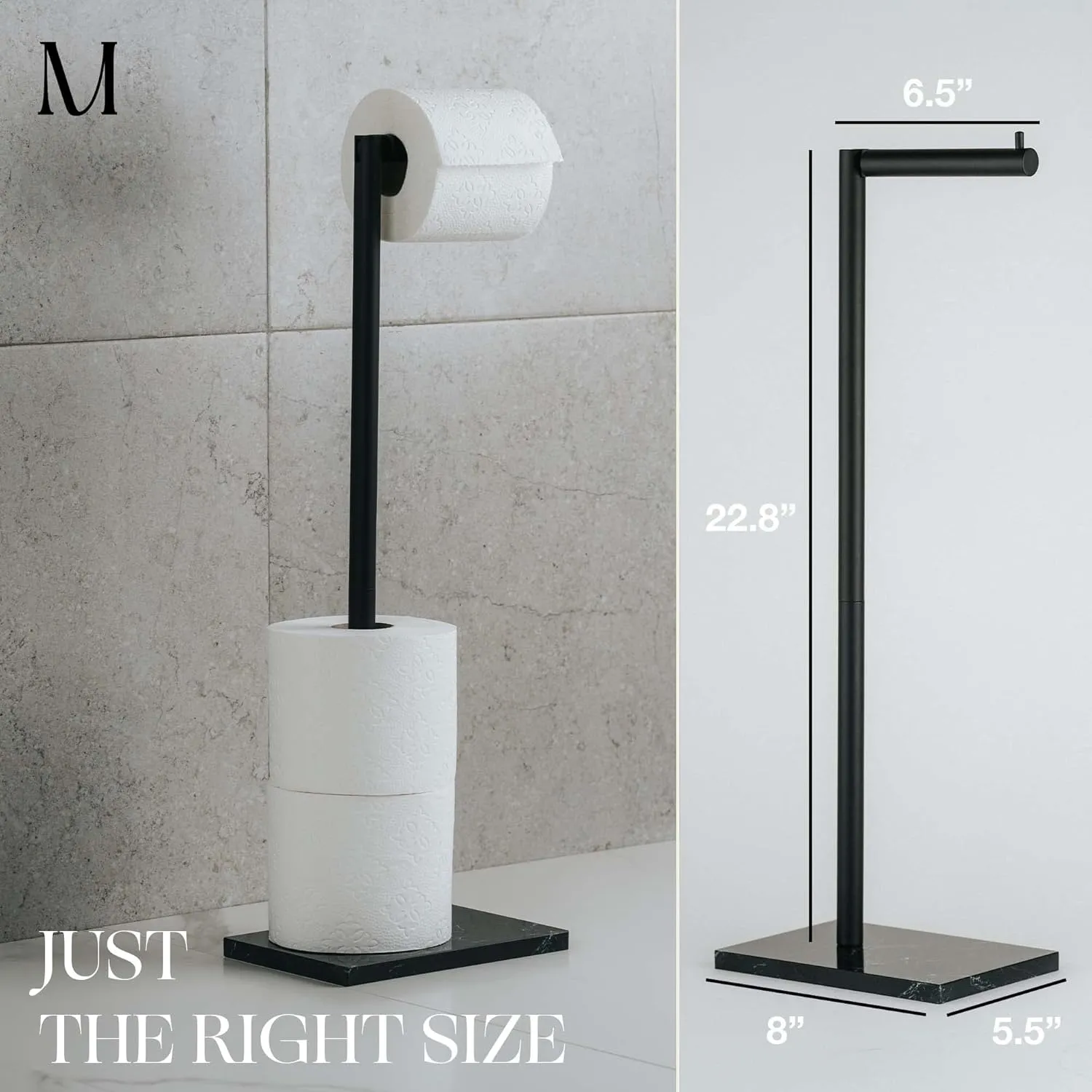 MARMOLUX ACC Free Standing Matte Black Toilet Paper Holder Stand Black Marble Base and Storage - 4 Jumbo Roll Bathroom Hardware Toilet Paper Stand - Stainless Steel Standing Toilet Paper Holder
