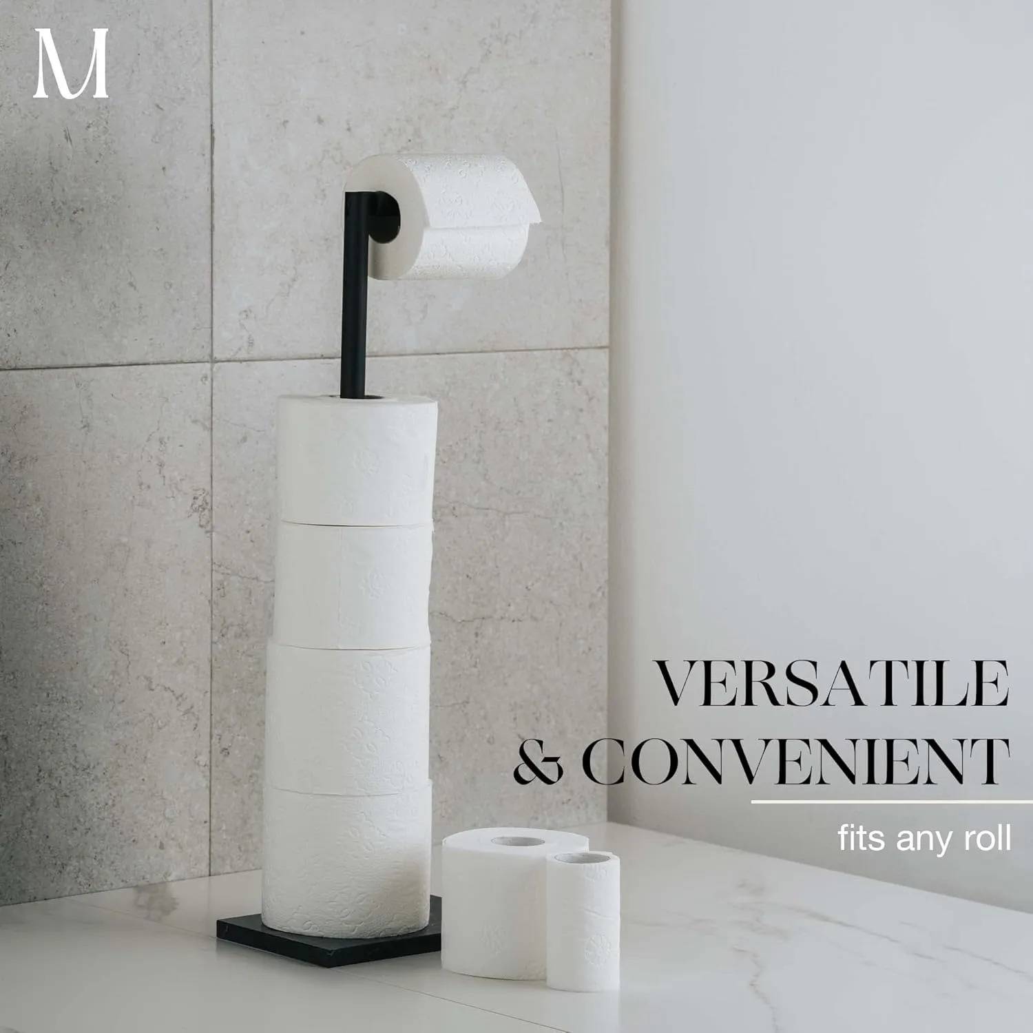 MARMOLUX ACC Free Standing Matte Black Toilet Paper Holder Stand Black Marble Base and Storage - 4 Jumbo Roll Bathroom Hardware Toilet Paper Stand - Stainless Steel Standing Toilet Paper Holder