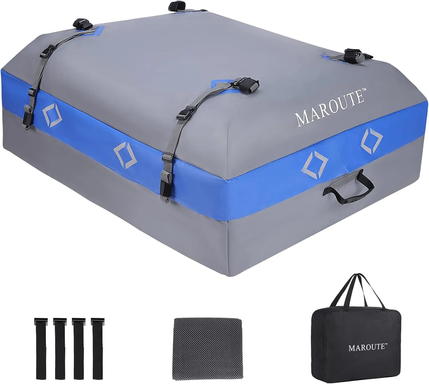 MAROUTE Rooftop Cargo Carrier Bag，21 Cubic Feet Heavy Duty Waterproof Rooftop Car Bag,Fits for All Cars with/Without Rack,8 Door Hooks,Storage Bag (21 Cubic Feet),Blue&Gray