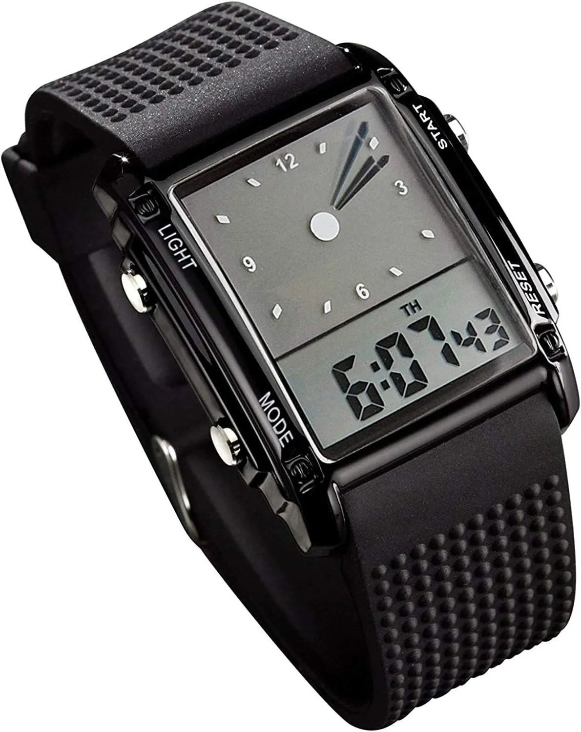 MASTOP Unisex Rectangle Digital Watches 7 Color LED Backlight Waterproof Wristwatches 2 Time Zone Electronic Black Multifunctional Alarm Stopwatch 12/24H Rubber Strap Watch