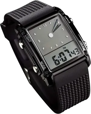 MASTOP Unisex Rectangle Digital Watches 7 Color LED Backlight Waterproof Wristwatches 2 Time Zone Electronic Black Multifunctional Alarm Stopwatch 12/24H Rubber Strap Watch