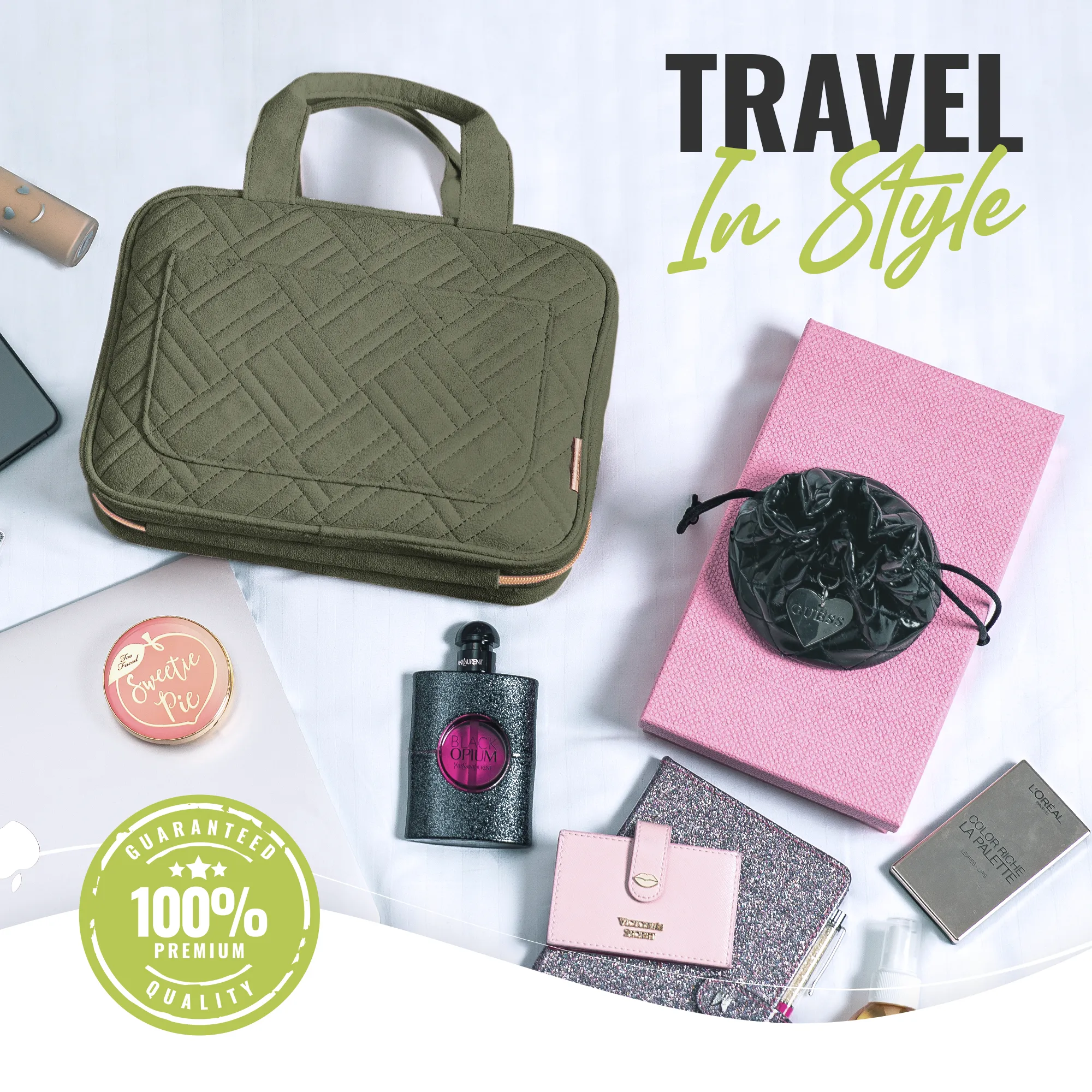 Medium Foldable Hanging Toiletry Bag - Olive Green (Dark Interior)