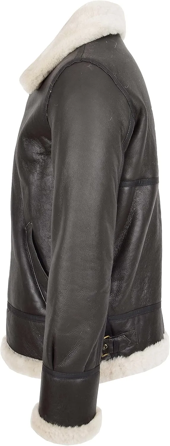 Mens Flying Leather Jacket Brown Real Sheepskin B3 Bomber Aviator Cream Shearling Coat Colter