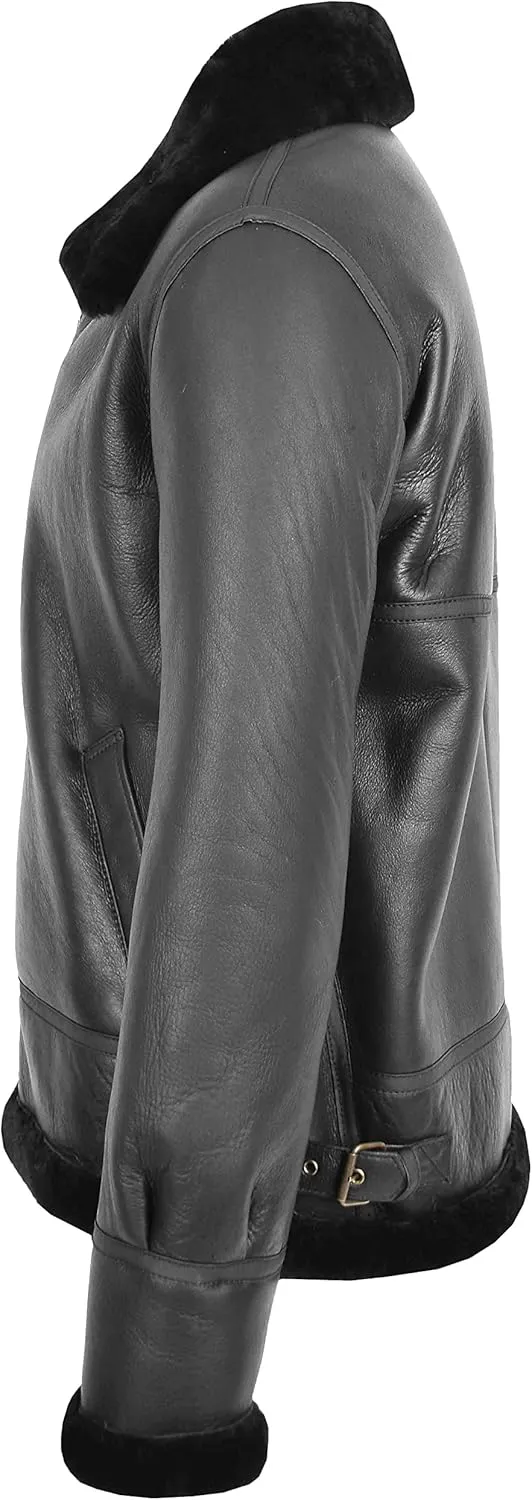 Mens Flying Leather Jacket Real Sheepskin B3 Bomber Aviator Black Shearling Coat Colter